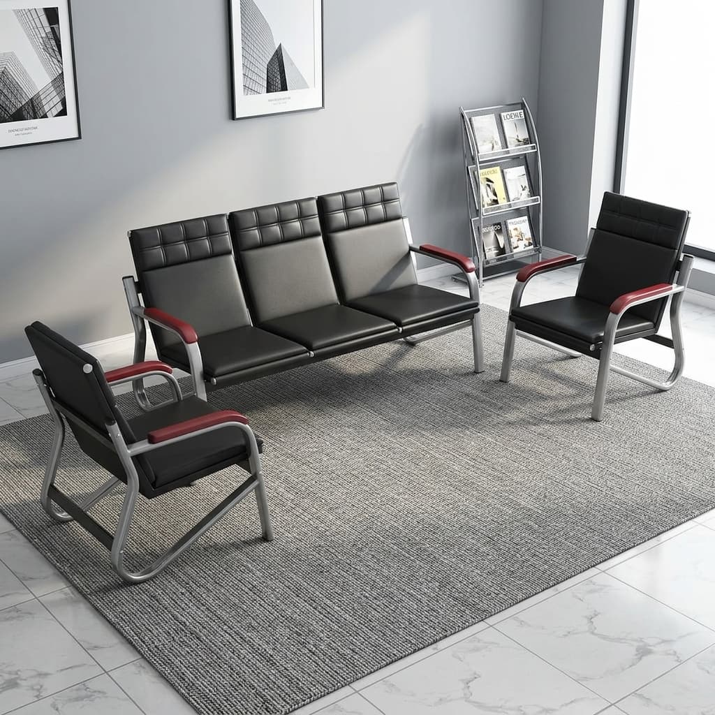 5-Seater Executive Reception Sofa Set With One Black Upholstered Three-Seater Sofa, Two Matching Single Armchairs, Square-Tufted Backrests, Silver Metal Frames, And Wood-Finish Armrest Pads.