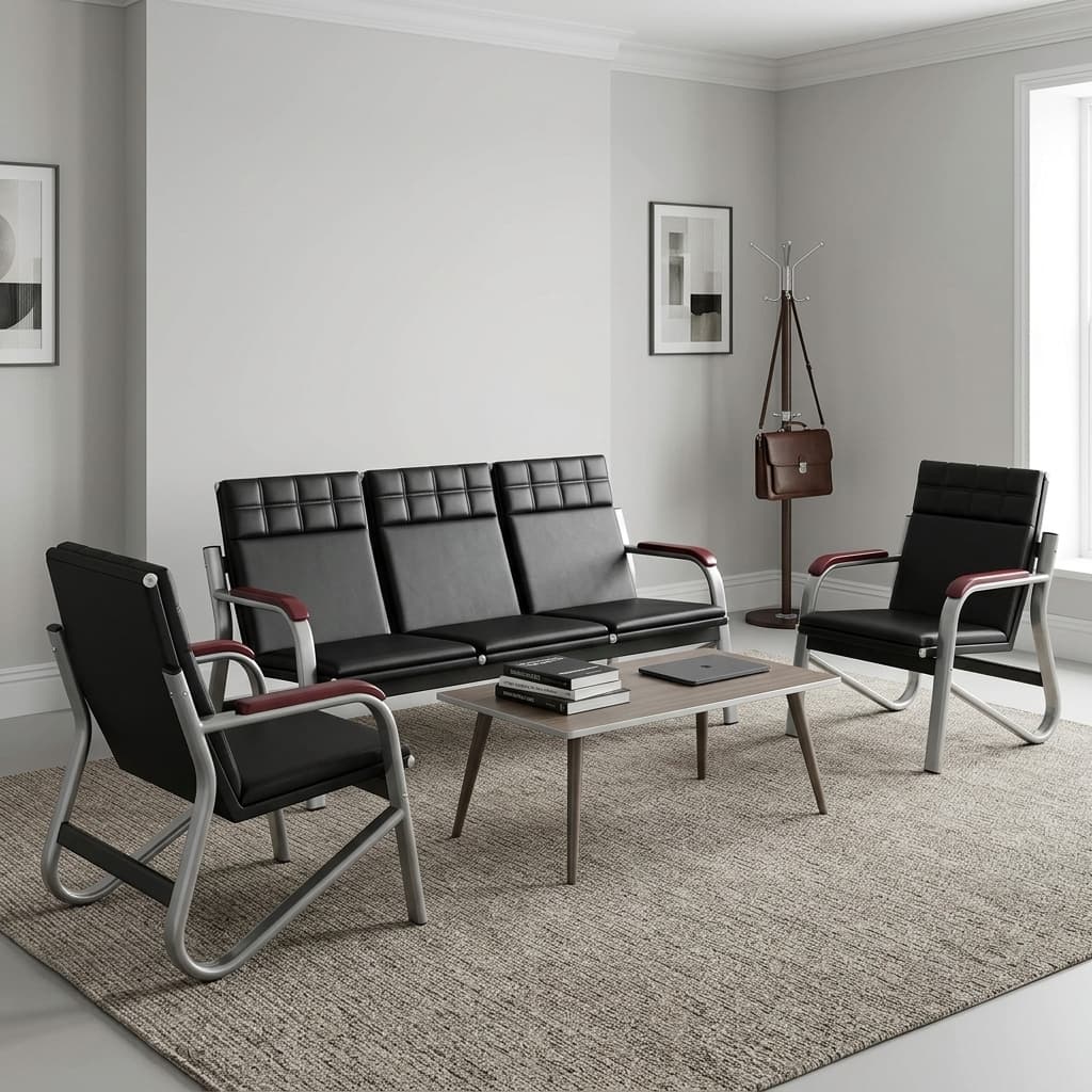 5-Seater Executive Reception Sofa Set With One Black Upholstered Three-Seater Sofa, Two Matching Single Armchairs, Square-Tufted Backrests, Silver Metal Frames, And Wood-Finish Armrest Pads.