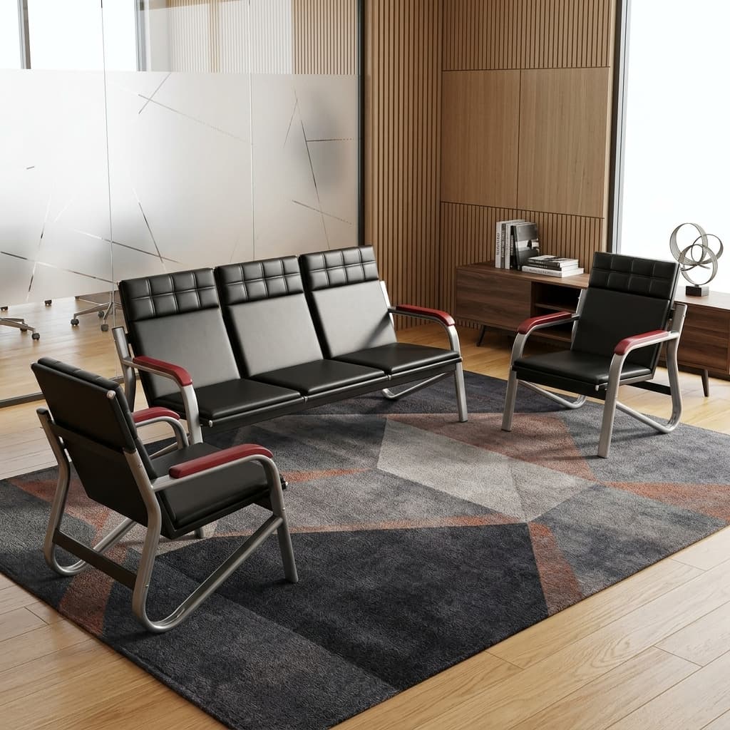 5-Seater Executive Reception Sofa Set With One Black Upholstered Three-Seater Sofa, Two Matching Single Armchairs, Square-Tufted Backrests, Silver Metal Frames, And Wood-Finish Armrest Pads.