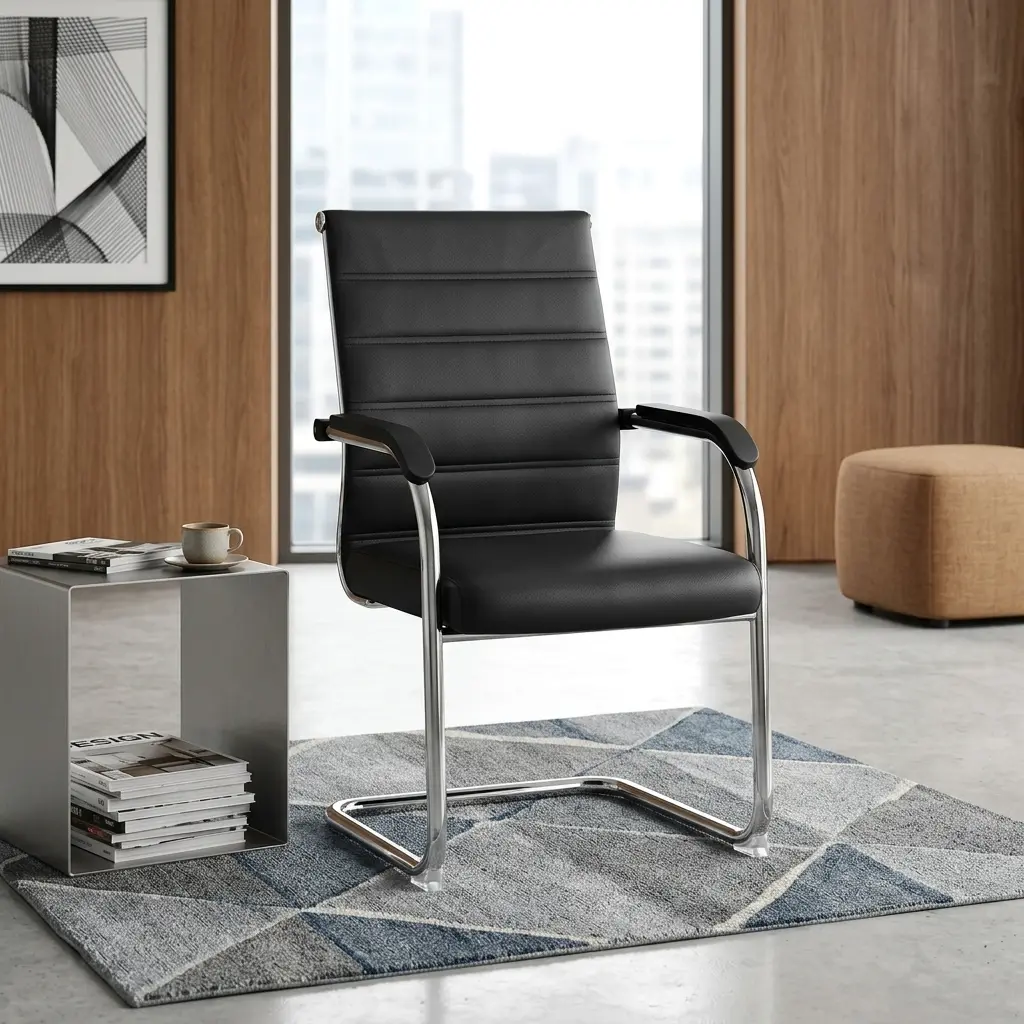 Ribbed Leather Executive Visitor Chair With Premium Black Leather Ribbed Upholstery, Ergonomic High Backrest, Chrome-Plated Cantilever Steel Frame, Padded Armrests, And A Modern Executive Design For Office Visitor Seating.