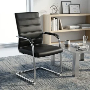 Ribbed Leather Executive Visitor Chair with premium black leather ribbed upholstery, ergonomic high backrest, chrome-plated cantilever steel frame, padded armrests, and a modern executive design for office visitor seating.