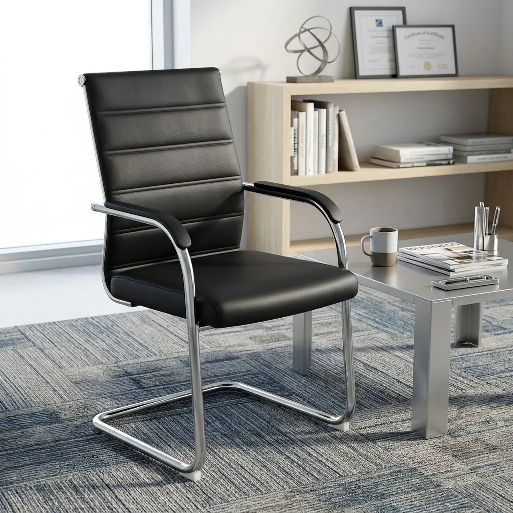 Ribbed Leather Executive Visitor Chair With Premium Black Leather Ribbed Upholstery, Ergonomic High Backrest, Chrome-Plated Cantilever Steel Frame, Padded Armrests, And A Modern Executive Design For Office Visitor Seating.