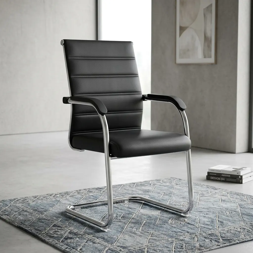 Ribbed Leather Executive Visitor Chair With Premium Black Leather Ribbed Upholstery, Ergonomic High Backrest, Chrome-Plated Cantilever Steel Frame, Padded Armrests, And A Modern Executive Design For Office Visitor Seating.