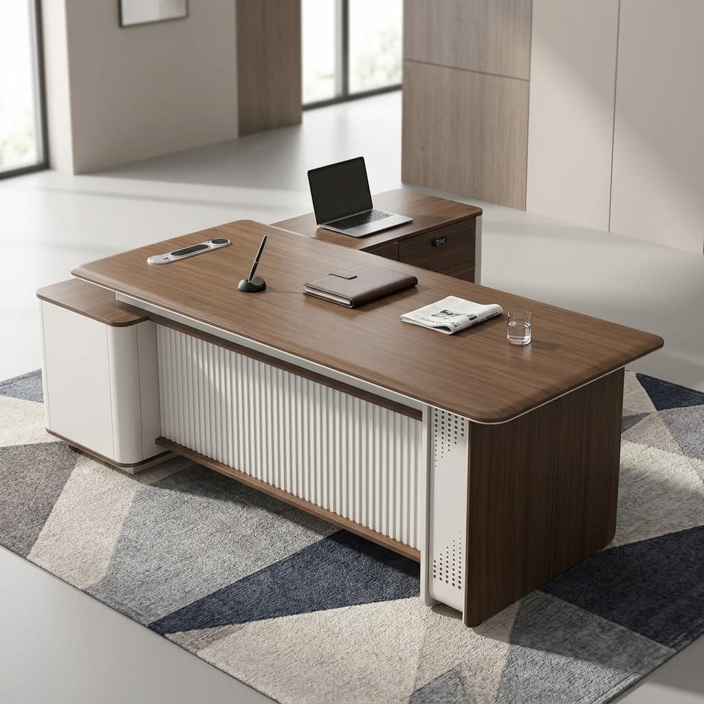 Modern 2.2M Ceo Workstation Table Featuring A Premium Engineered Wood Construction, Spacious 2.2-Metre Desktop, Integrated Side Return, Built-In Storage Cabinet, Decorative Front Modesty Panel, Cable Management System, And A Contemporary Two-Tone Executive Finish.