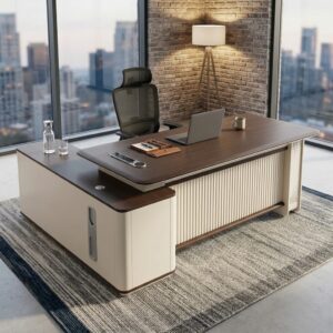 Modern 2.2m CEO Workstation Table featuring a premium engineered wood construction, spacious 2.2-metre desktop, integrated side return, built-in storage cabinet, decorative front modesty panel, cable management system, and a contemporary two-tone executive finish.