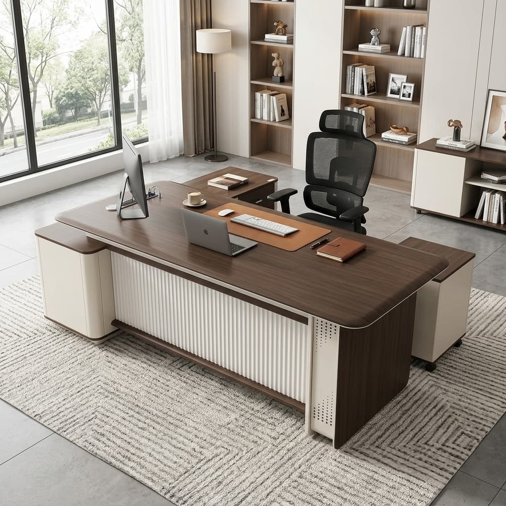 Modern 2.2M Ceo Workstation Table Featuring A Premium Engineered Wood Construction, Spacious 2.2-Metre Desktop, Integrated Side Return, Built-In Storage Cabinet, Decorative Front Modesty Panel, Cable Management System, And A Contemporary Two-Tone Executive Finish.