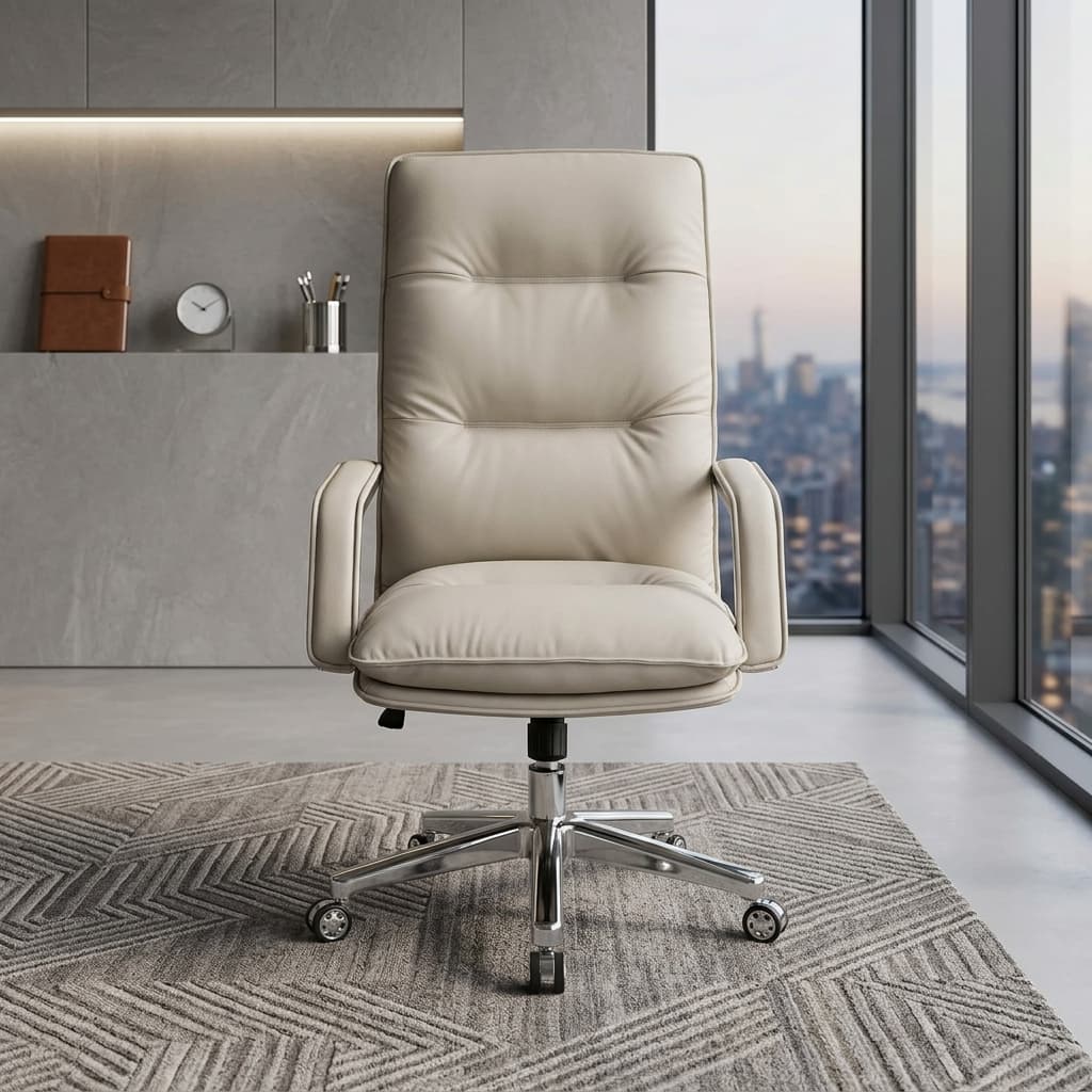 Modern Ergonomic Boss Chair With Premium Cream Leather Upholstery, Ergonomic High-Back Design, Thick Cushioned Seat, Padded Armrests, Chrome Five-Star Swivel Base, Smooth Caster Wheels, And Executive Office Styling.