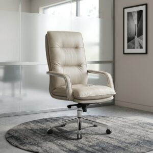 Modern Ergonomic Boss Chair with premium cream leather upholstery, ergonomic high-back design, thick cushioned seat, padded armrests, chrome five-star swivel base, smooth caster wheels, and executive office styling.