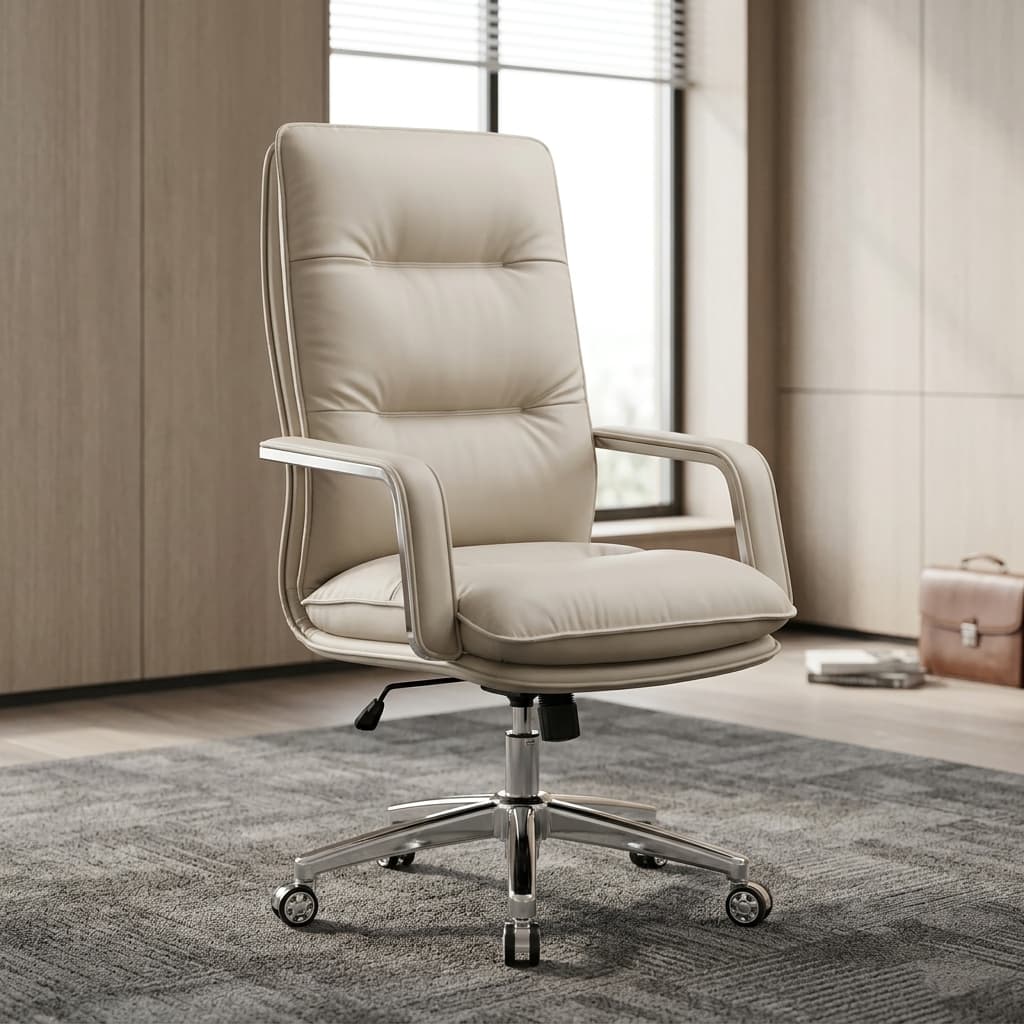 Modern Ergonomic Boss Chair With Premium Cream Leather Upholstery, Ergonomic High-Back Design, Thick Cushioned Seat, Padded Armrests, Chrome Five-Star Swivel Base, Smooth Caster Wheels, And Executive Office Styling.
