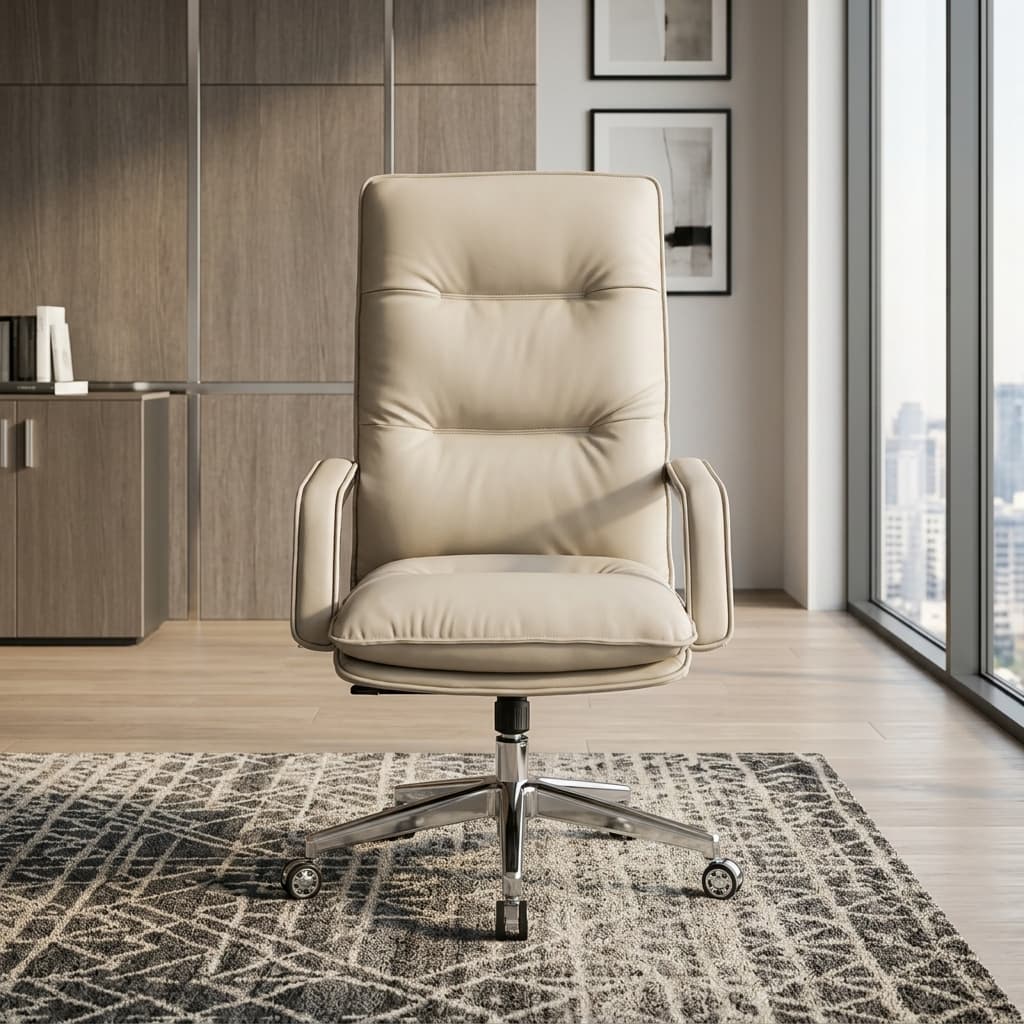 Modern Ergonomic Boss Chair With Premium Cream Leather Upholstery, Ergonomic High-Back Design, Thick Cushioned Seat, Padded Armrests, Chrome Five-Star Swivel Base, Smooth Caster Wheels, And Executive Office Styling.