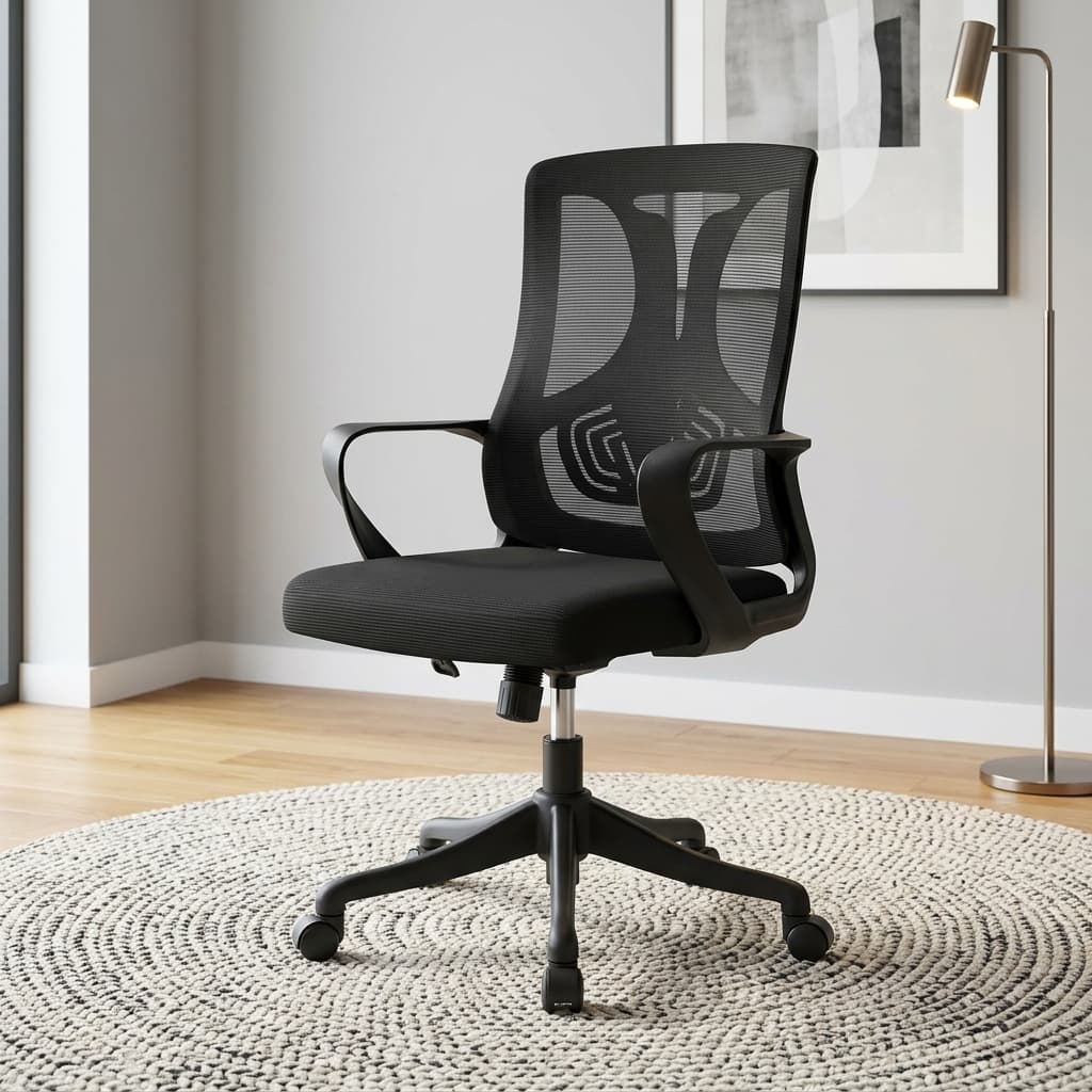 Mid-Back Mesh Staff Chair With A Breathable Black Mesh Backrest, Ergonomic Lumbar Support, Padded Fabric Seat, Fixed Armrests, Pneumatic Height Adjustment, Five-Star Nylon Base, And Smooth-Rolling Caster Wheels.