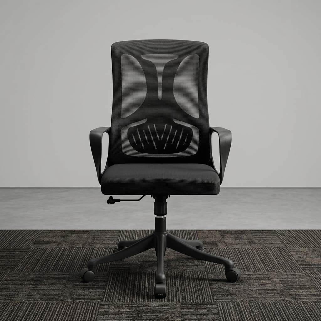 Mid-Back Mesh Staff Chair With A Breathable Black Mesh Backrest, Ergonomic Lumbar Support, Padded Fabric Seat, Fixed Armrests, Pneumatic Height Adjustment, Five-Star Nylon Base, And Smooth-Rolling Caster Wheels.