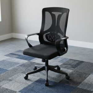 Mid-Back Mesh Staff Chair with a breathable black mesh backrest, ergonomic lumbar support, padded fabric seat, fixed armrests, pneumatic height adjustment, five-star nylon base, and smooth-rolling caster wheels.