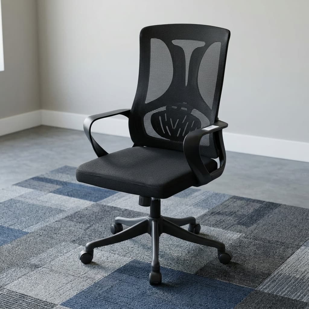 Mid-Back Mesh Staff Chair With A Breathable Black Mesh Backrest, Ergonomic Lumbar Support, Padded Fabric Seat, Fixed Armrests, Pneumatic Height Adjustment, Five-Star Nylon Base, And Smooth-Rolling Caster Wheels.