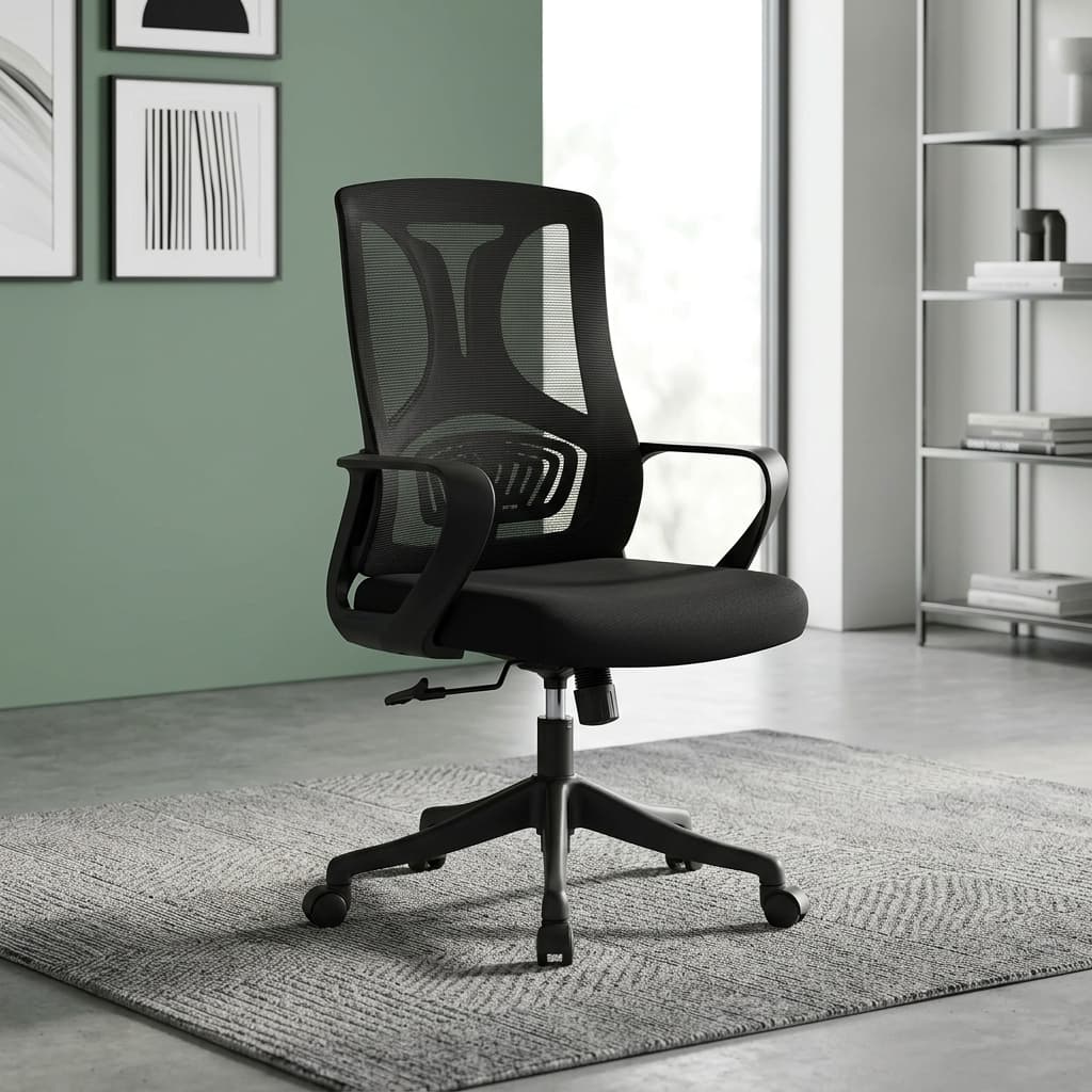 Mid-Back Mesh Staff Chair With A Breathable Black Mesh Backrest, Ergonomic Lumbar Support, Padded Fabric Seat, Fixed Armrests, Pneumatic Height Adjustment, Five-Star Nylon Base, And Smooth-Rolling Caster Wheels.