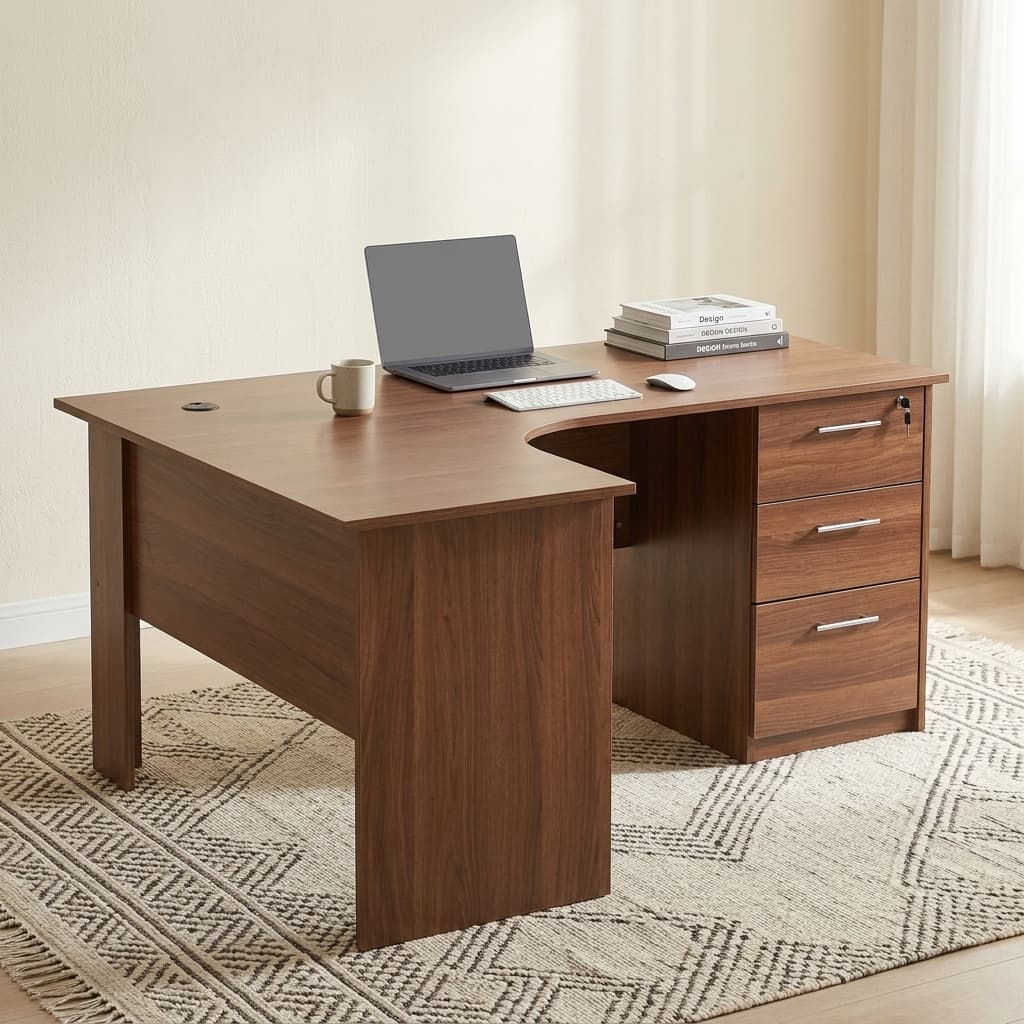 1.6M Corner Desk With Drawers Featuring A Premium Engineered Wood Construction, Spacious L-Shaped Desktop, Integrated Cable Management Grommet, Three Lockable Storage Drawers With Metal Handles, And A Contemporary Wood-Grain Finish.