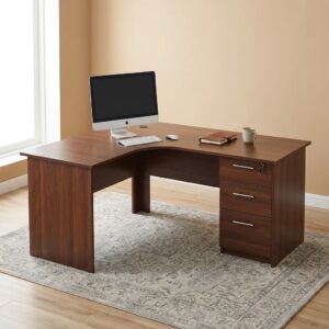 1.6m Corner Desk with Drawers featuring a premium engineered wood construction, spacious L-shaped desktop, integrated cable management grommet, three lockable storage drawers with metal handles, and a contemporary wood-grain finish.