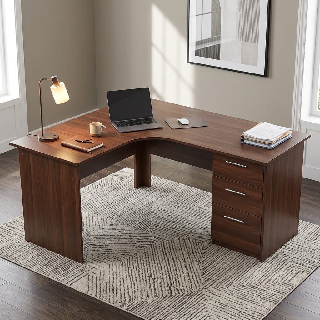 1.6M Corner Desk With Drawers Featuring A Premium Engineered Wood Construction, Spacious L-Shaped Desktop, Integrated Cable Management Grommet, Three Lockable Storage Drawers With Metal Handles, And A Contemporary Wood-Grain Finish.