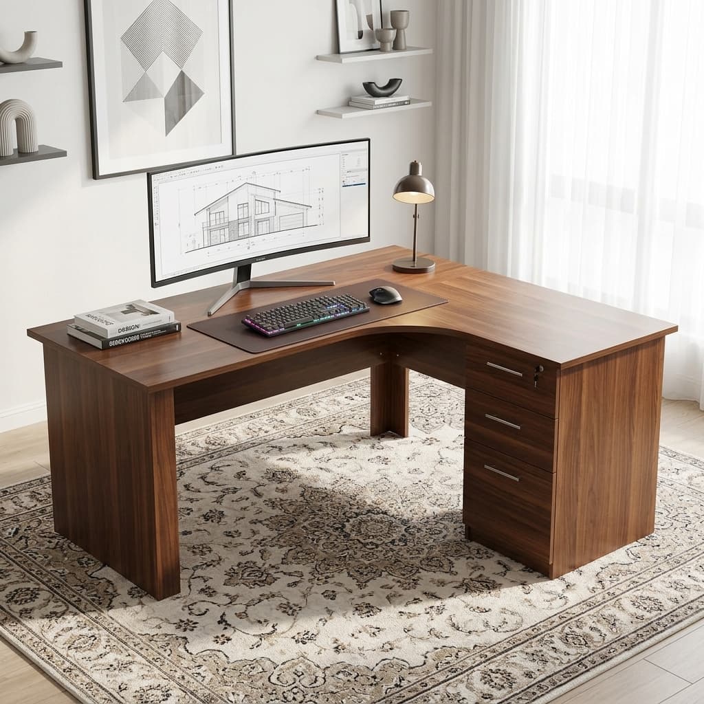 1.6M Corner Desk With Drawers Featuring A Premium Engineered Wood Construction, Spacious L-Shaped Desktop, Integrated Cable Management Grommet, Three Lockable Storage Drawers With Metal Handles, And A Contemporary Wood-Grain Finish.