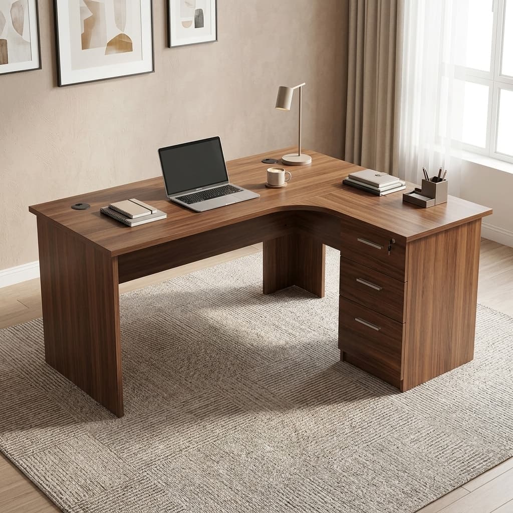 1.6M Corner Desk With Drawers Featuring A Premium Engineered Wood Construction, Spacious L-Shaped Desktop, Integrated Cable Management Grommet, Three Lockable Storage Drawers With Metal Handles, And A Contemporary Wood-Grain Finish.