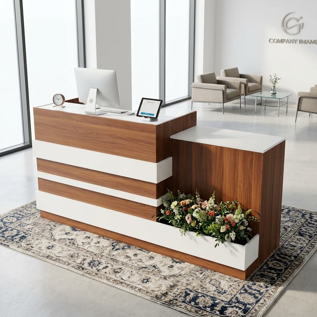 2M Corporate Lobby Desk Showcasing A Dual-Tier Reception Counter With A Dark Walnut Wood Grain Finish, Horizontal Off-White Accent Bands, And A Built-In Front Planter Box.