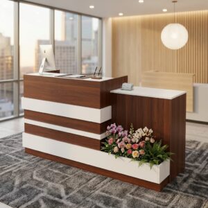 2m Corporate Lobby Desk showcasing a dual-tier reception counter with a dark walnut wood grain finish, horizontal off-white accent bands, and a built-in front planter box.