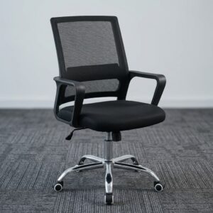 Modern Black Mesh Clerical Staff Chair with breathable black mesh mid-backrest, padded fabric seat, integrated black armrests, pneumatic height adjustment, polished five-star metal base, and caster wheels.