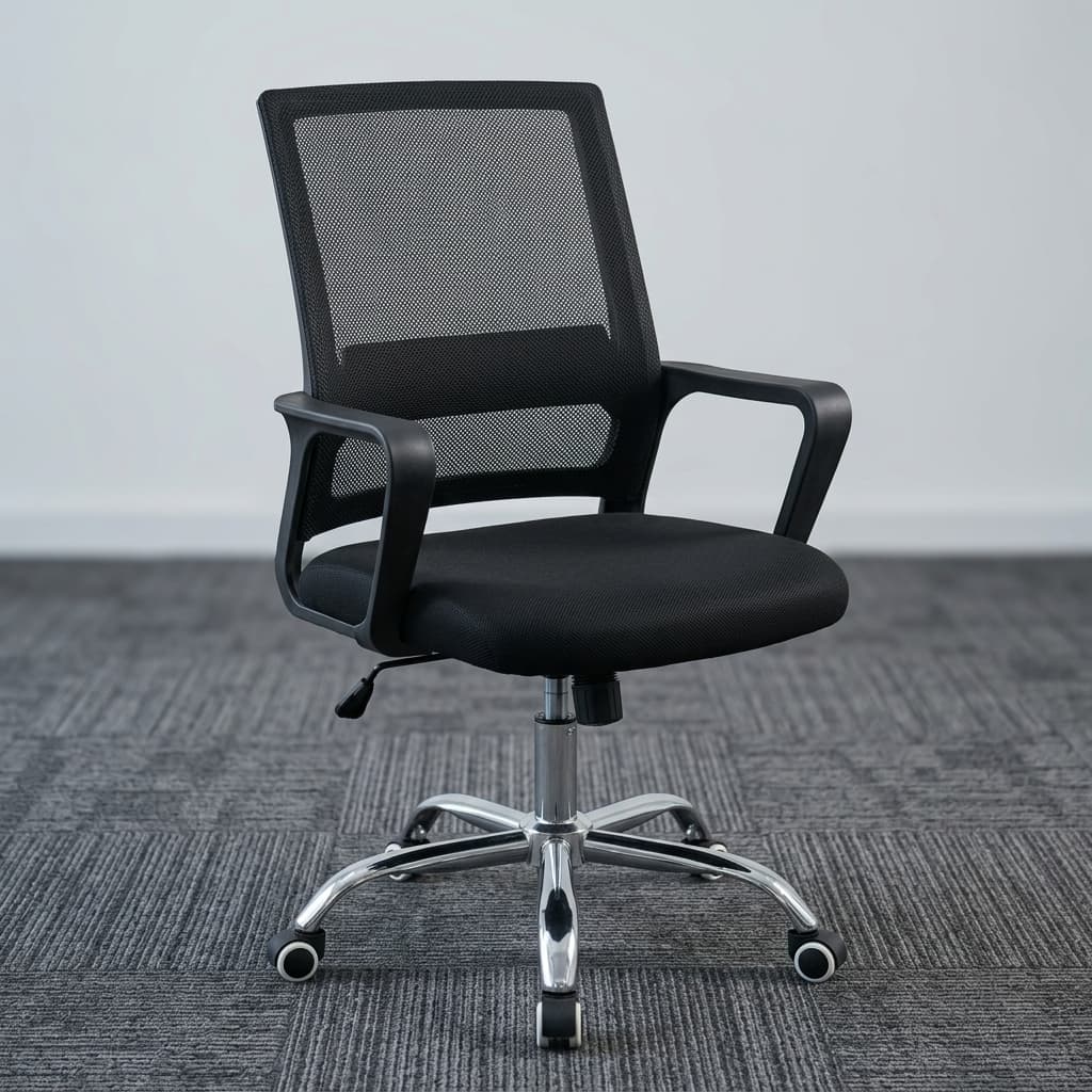 Modern Black Mesh Clerical Staff Chair With Breathable Black Mesh Mid-Backrest, Padded Fabric Seat, Integrated Black Armrests, Pneumatic Height Adjustment, Polished Five-Star Metal Base, And Caster Wheels.