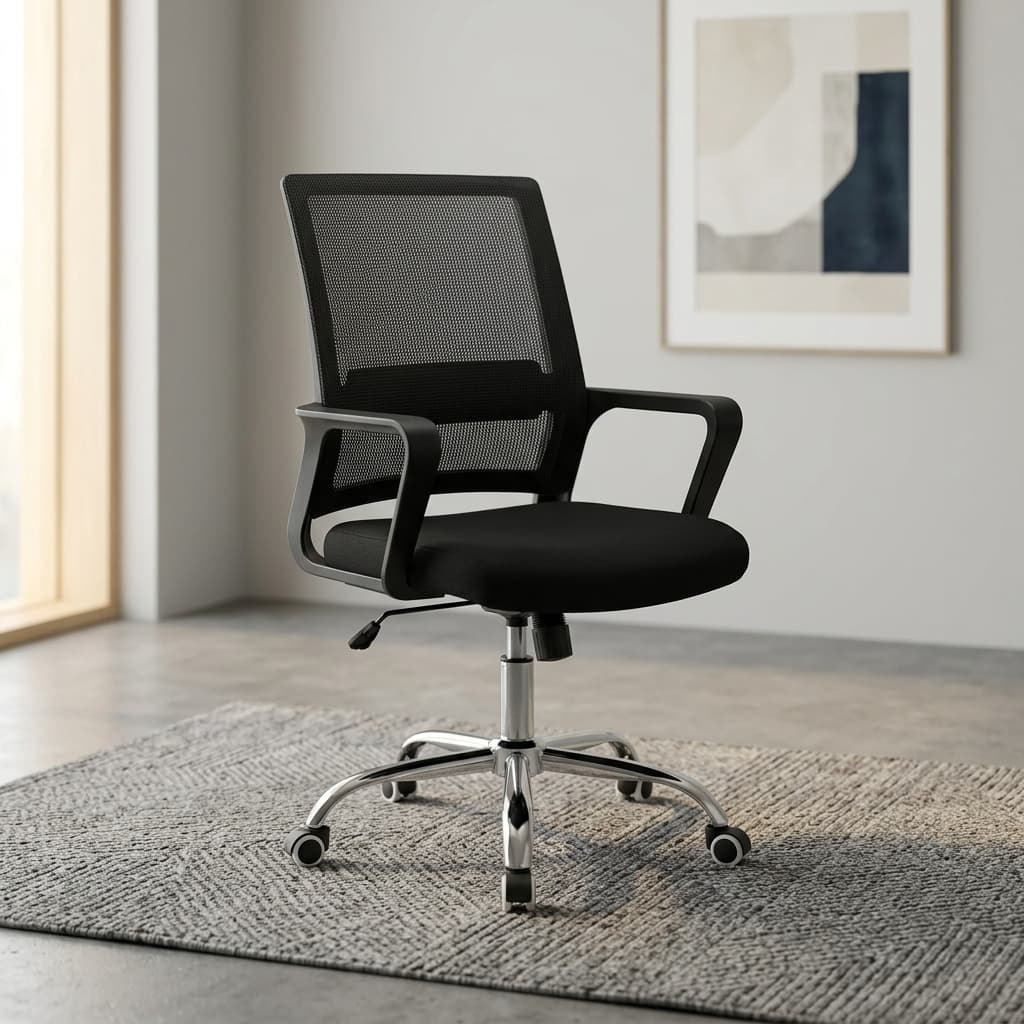 Modern Black Mesh Clerical Staff Chair With Breathable Black Mesh Mid-Backrest, Padded Fabric Seat, Integrated Black Armrests, Pneumatic Height Adjustment, Polished Five-Star Metal Base, And Caster Wheels.