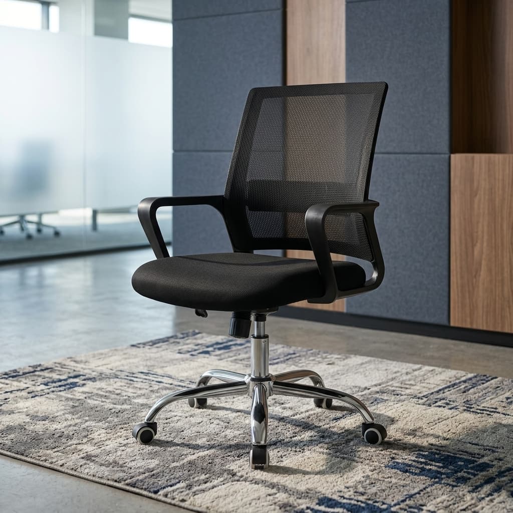 Modern Black Mesh Clerical Staff Chair With Breathable Black Mesh Mid-Backrest, Padded Fabric Seat, Integrated Black Armrests, Pneumatic Height Adjustment, Polished Five-Star Metal Base, And Caster Wheels.