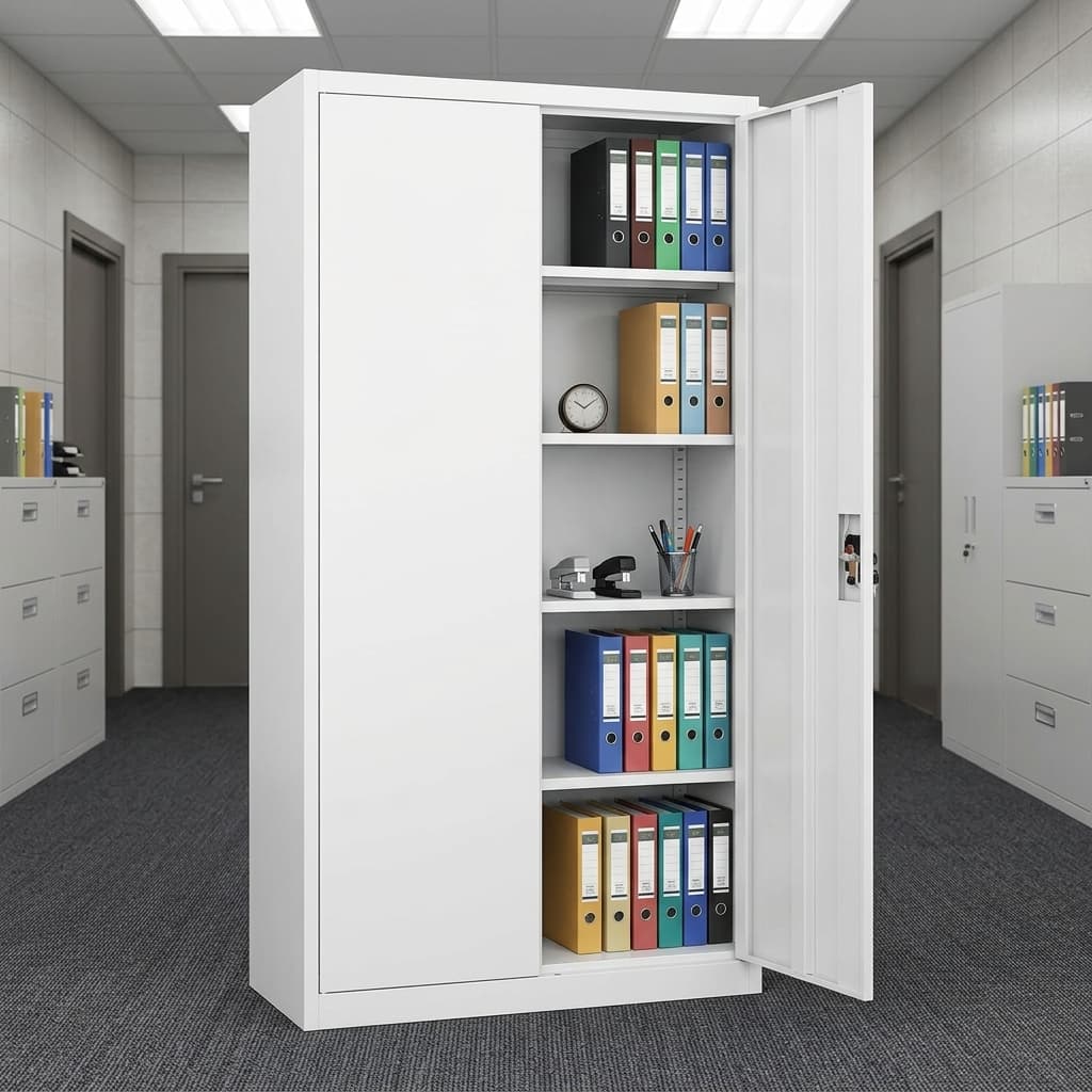 Commercial Steel File Storage Cabinet With Light-Grey Steel Construction, Two Full-Height Hinged Doors, Lockable Handle, And Multiple Adjustable Internal Steel Shelves.