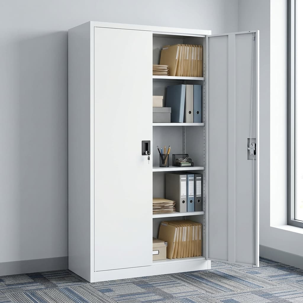 Commercial Steel File Storage Cabinet With Light-Grey Steel Construction, Two Full-Height Hinged Doors, Lockable Handle, And Multiple Adjustable Internal Steel Shelves.