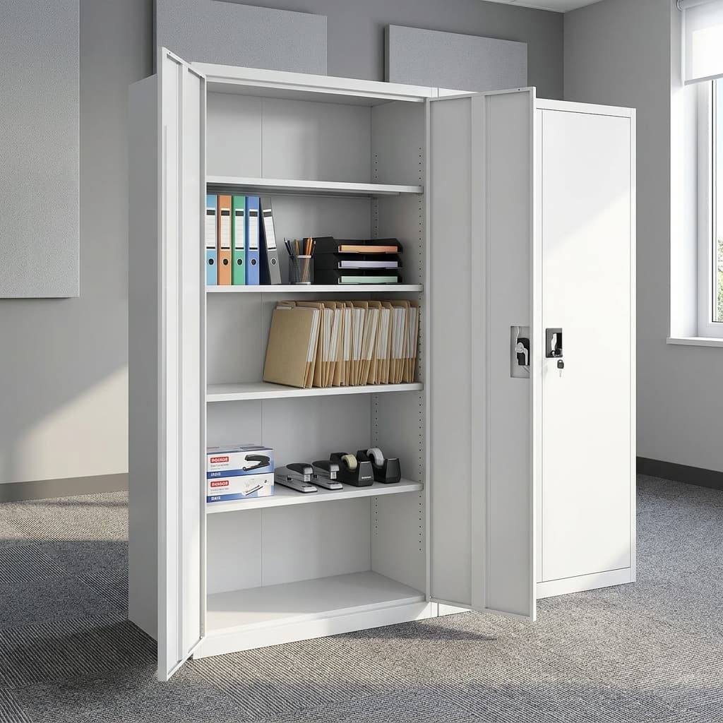Commercial Steel File Storage Cabinet With Light-Grey Steel Construction, Two Full-Height Hinged Doors, Lockable Handle, And Multiple Adjustable Internal Steel Shelves.