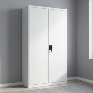 Commercial Steel File Storage Cabinet With Light-Grey Steel Construction, Two Full-Height Hinged Doors, Lockable Handle, And Multiple Adjustable Internal Steel Shelves.