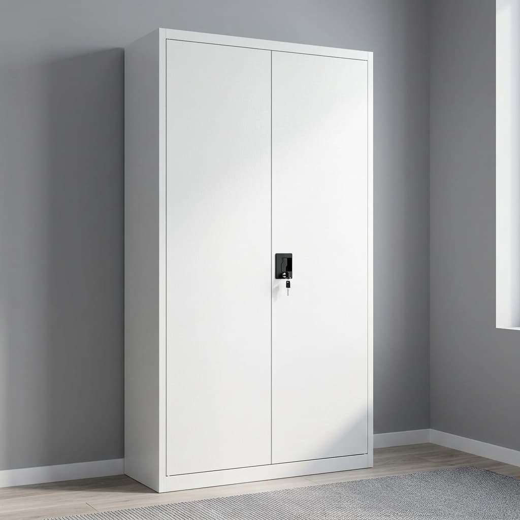 Commercial Steel File Storage Cabinet With Light-Grey Steel Construction, Two Full-Height Hinged Doors, Lockable Handle, And Multiple Adjustable Internal Steel Shelves.