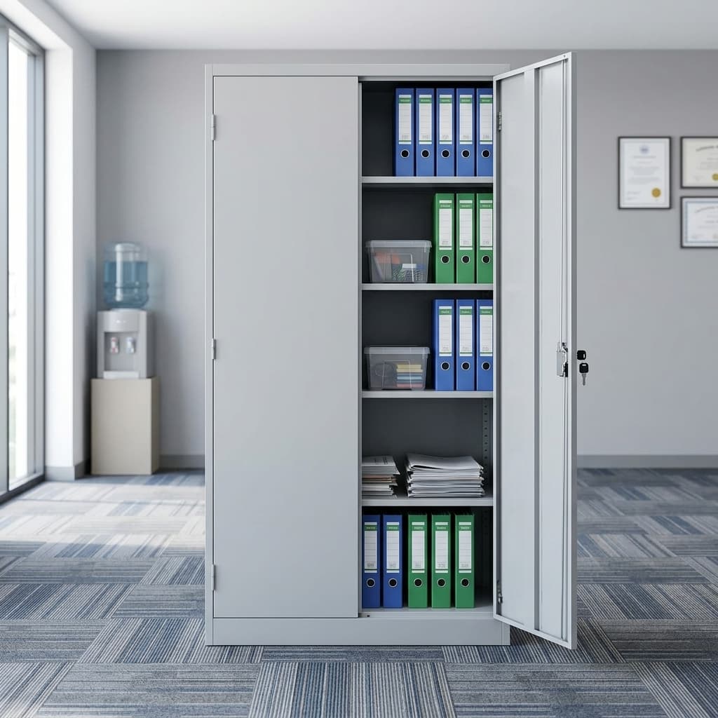 Commercial Steel File Storage Cabinet With Light-Grey Steel Construction, Two Full-Height Hinged Doors, Lockable Handle, And Multiple Adjustable Internal Steel Shelves.