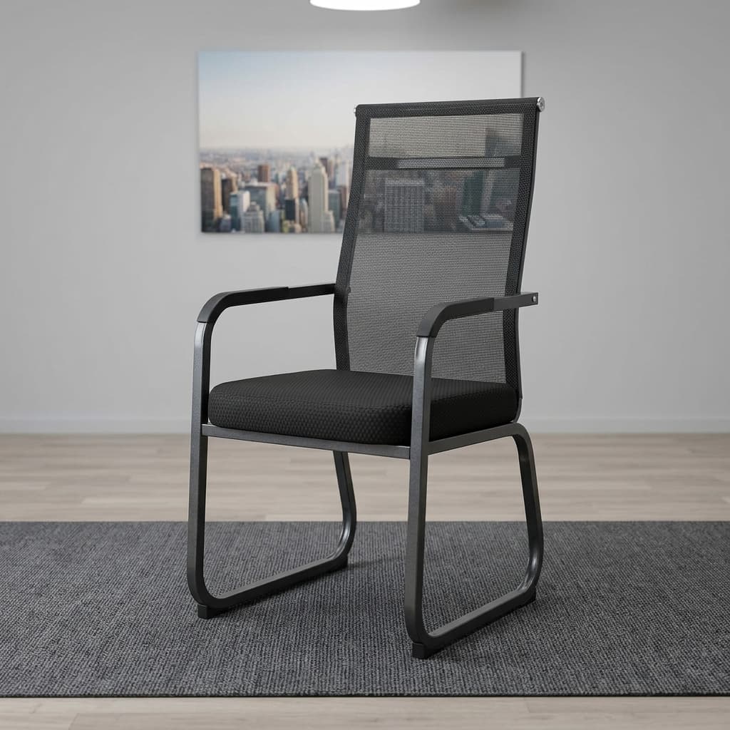 Mesh Boardroom Guest Chair With Black Breathable Mesh Backrest, Padded Fabric Seat, Integrated Black Armrests, And Continuous Sled-Style Metal Frame.