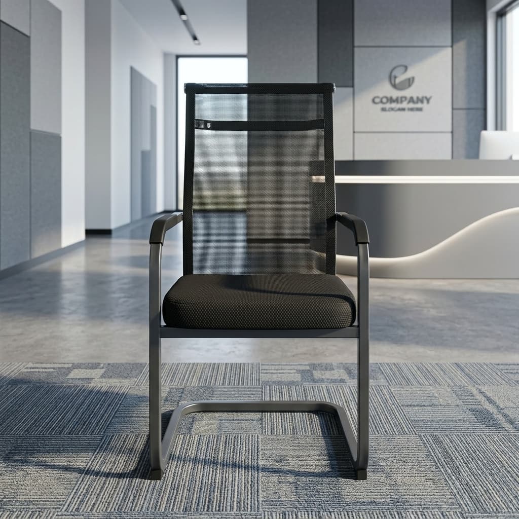 Mesh Boardroom Guest Chair With Black Breathable Mesh Backrest, Padded Fabric Seat, Integrated Black Armrests, And Continuous Sled-Style Metal Frame.