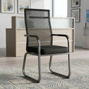 Mesh Boardroom Guest Chair With Black Breathable Mesh Backrest, Padded Fabric Seat, Integrated Black Armrests, And Continuous Sled-Style Metal Frame.