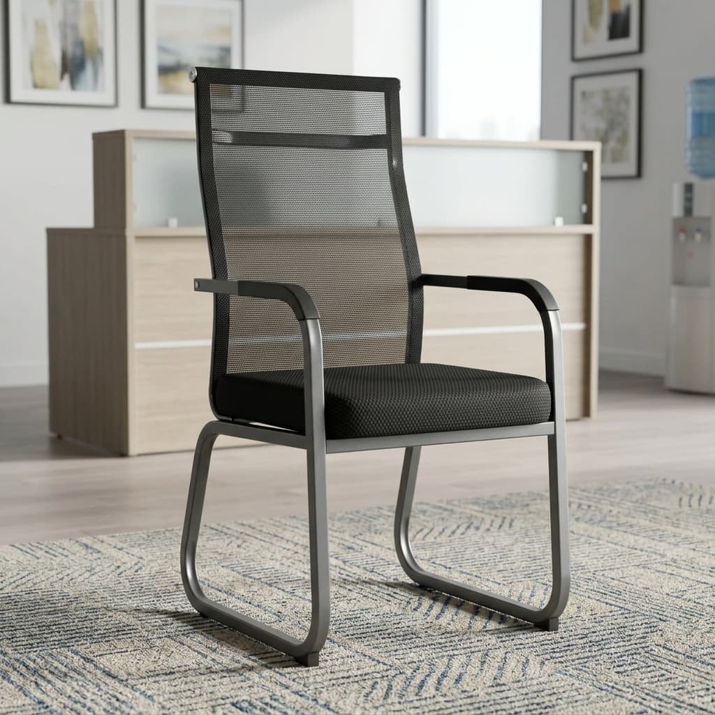 Mesh Boardroom Guest Chair With Black Breathable Mesh Backrest, Padded Fabric Seat, Integrated Black Armrests, And Continuous Sled-Style Metal Frame.