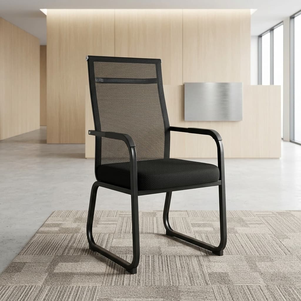 Mesh Boardroom Guest Chair With Black Breathable Mesh Backrest, Padded Fabric Seat, Integrated Black Armrests, And Continuous Sled-Style Metal Frame.