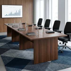 4M Custom-Made Boardroom Table With A Long Rectangular Wood-Grain Tabletop, Thick Finished Edges, Matching Wooden Modesty Sections, And Multiple Panel-Style Supports.