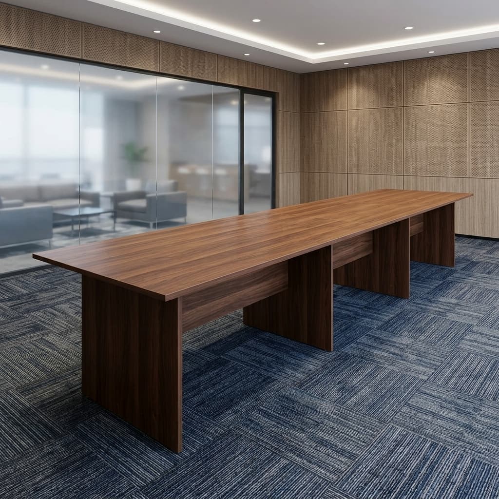 4M Custom-Made Boardroom Table With A Long Rectangular Wood-Grain Tabletop, Thick Finished Edges, Matching Wooden Modesty Sections, And Multiple Panel-Style Supports.