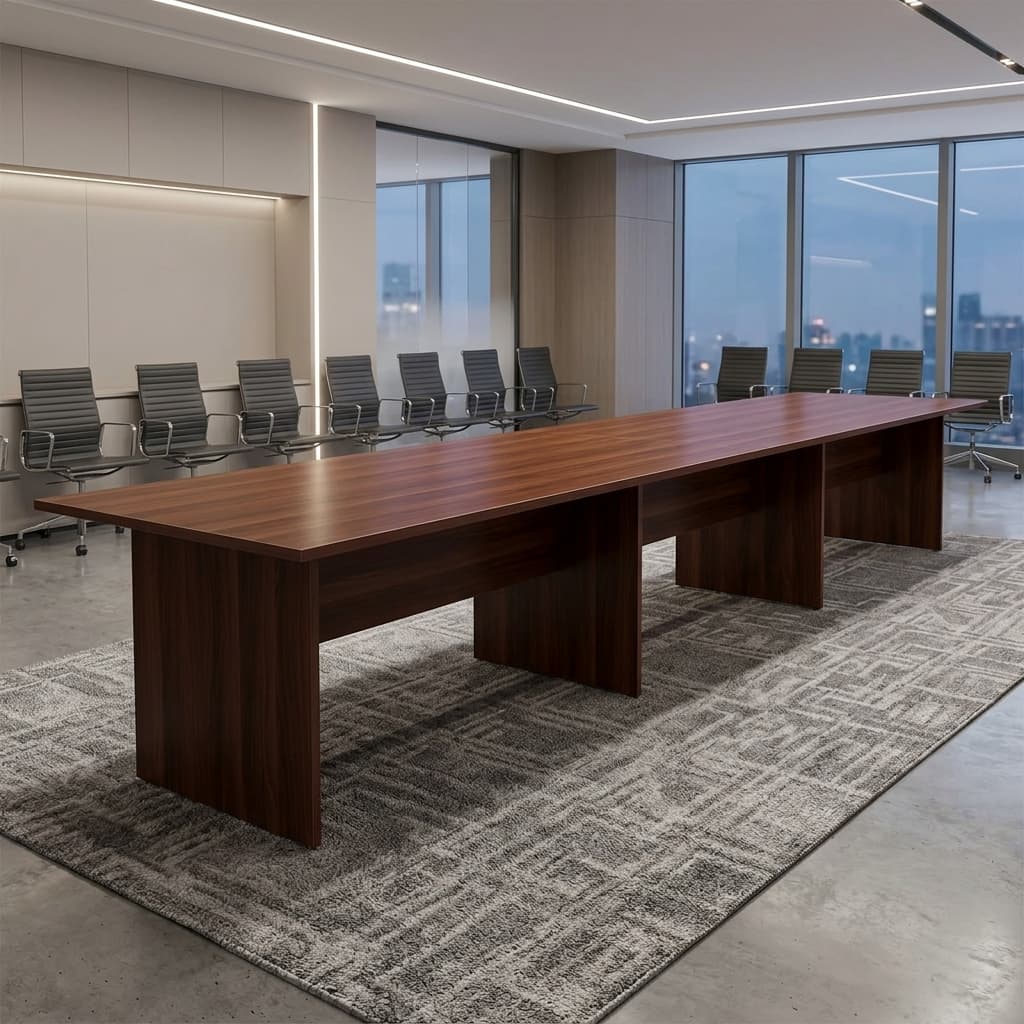 4M Custom-Made Boardroom Table With A Long Rectangular Wood-Grain Tabletop, Thick Finished Edges, Matching Wooden Modesty Sections, And Multiple Panel-Style Supports.