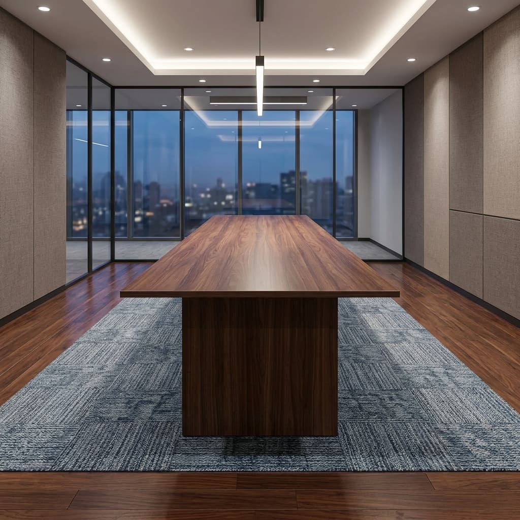 4M Custom-Made Boardroom Table With A Long Rectangular Wood-Grain Tabletop, Thick Finished Edges, Matching Wooden Modesty Sections, And Multiple Panel-Style Supports.