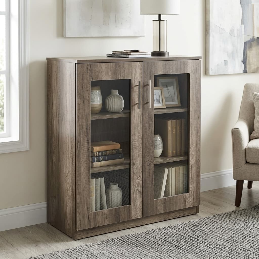 Mid-Height Wooden Credenza Bookcase With Textured Grey Wood-Grain Double Doors, Large Rectangular Glass Panels, Internal Storage Shelves, Long Silver Metal Handles, Flat Wooden Top, And Plinth Base.