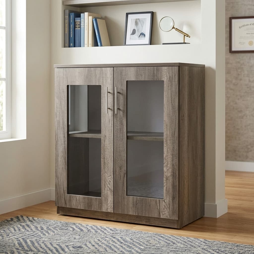 Mid-Height Wooden Credenza Bookcase With Textured Grey Wood-Grain Double Doors, Large Rectangular Glass Panels, Internal Storage Shelves, Long Silver Metal Handles, Flat Wooden Top, And Plinth Base.
