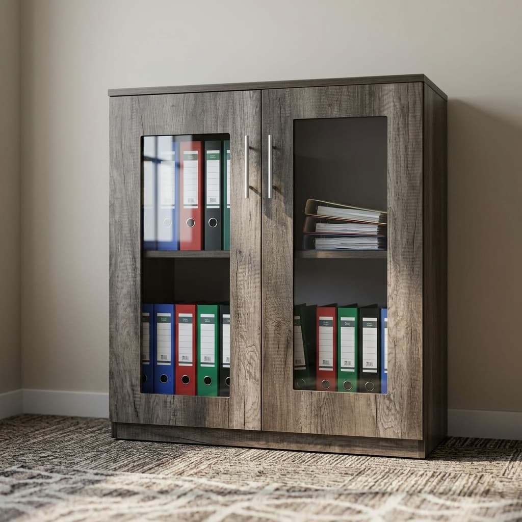 Mid-Height Wooden Credenza Bookcase With Textured Grey Wood-Grain Double Doors, Large Rectangular Glass Panels, Internal Storage Shelves, Long Silver Metal Handles, Flat Wooden Top, And Plinth Base.