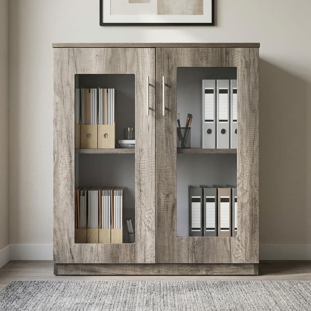 Mid-Height Wooden Credenza Bookcase With Textured Grey Wood-Grain Double Doors, Large Rectangular Glass Panels, Internal Storage Shelves, Long Silver Metal Handles, Flat Wooden Top, And Plinth Base.