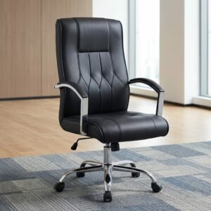 High-Back Executive Leather Office Chair With Black Leather Upholstery, Padded High Backrest, Stitched Lumbar Detailing, Cushioned Seat, Curved Padded Armrests, Chrome Five-Star Base, And Black Castor Wheels.